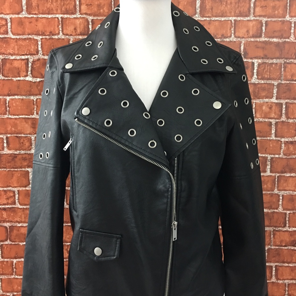Faux Leather Moto Jacket with Silver Accents